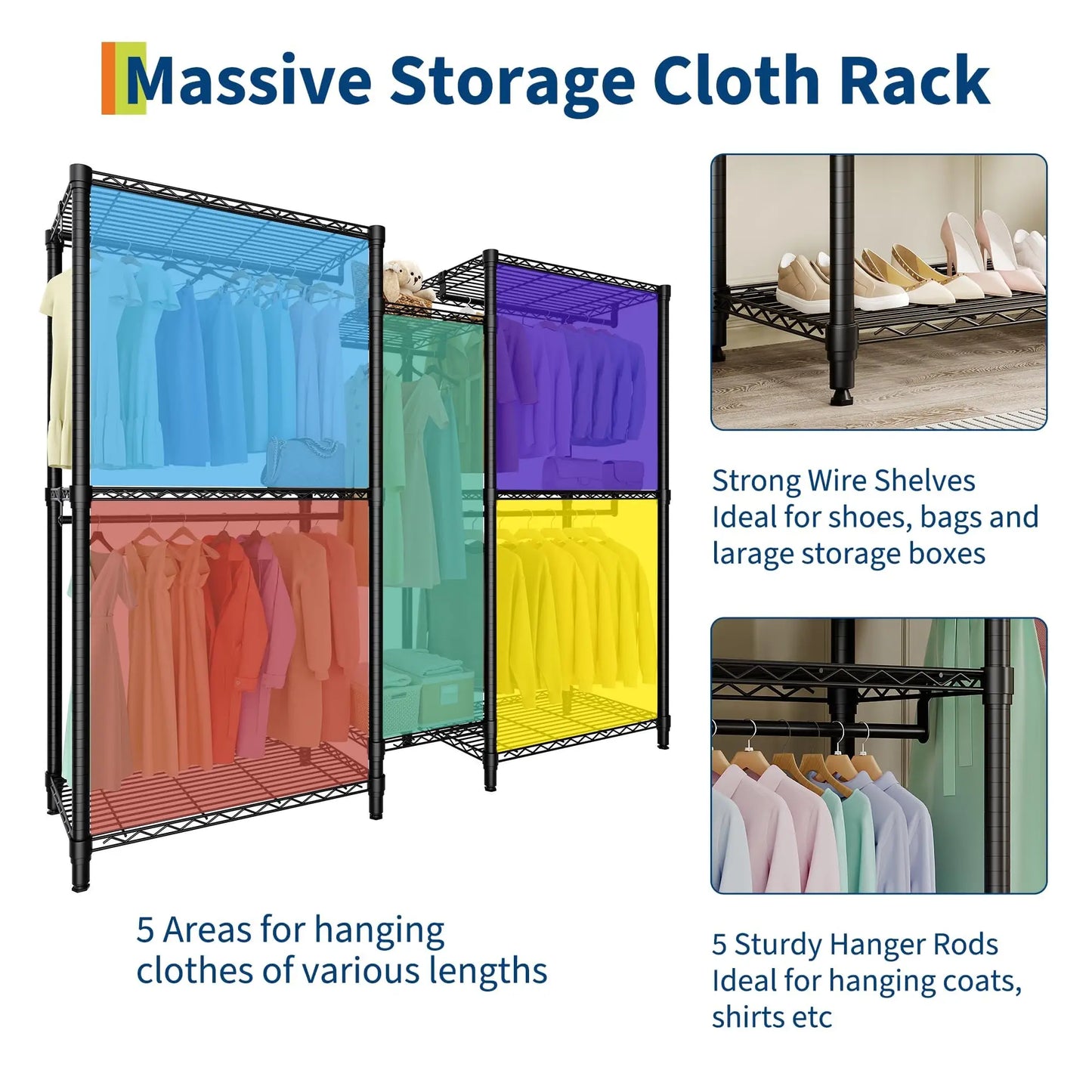 HiMiss Freestanding L Shaped Clothes Rack With Adjustable Shelves