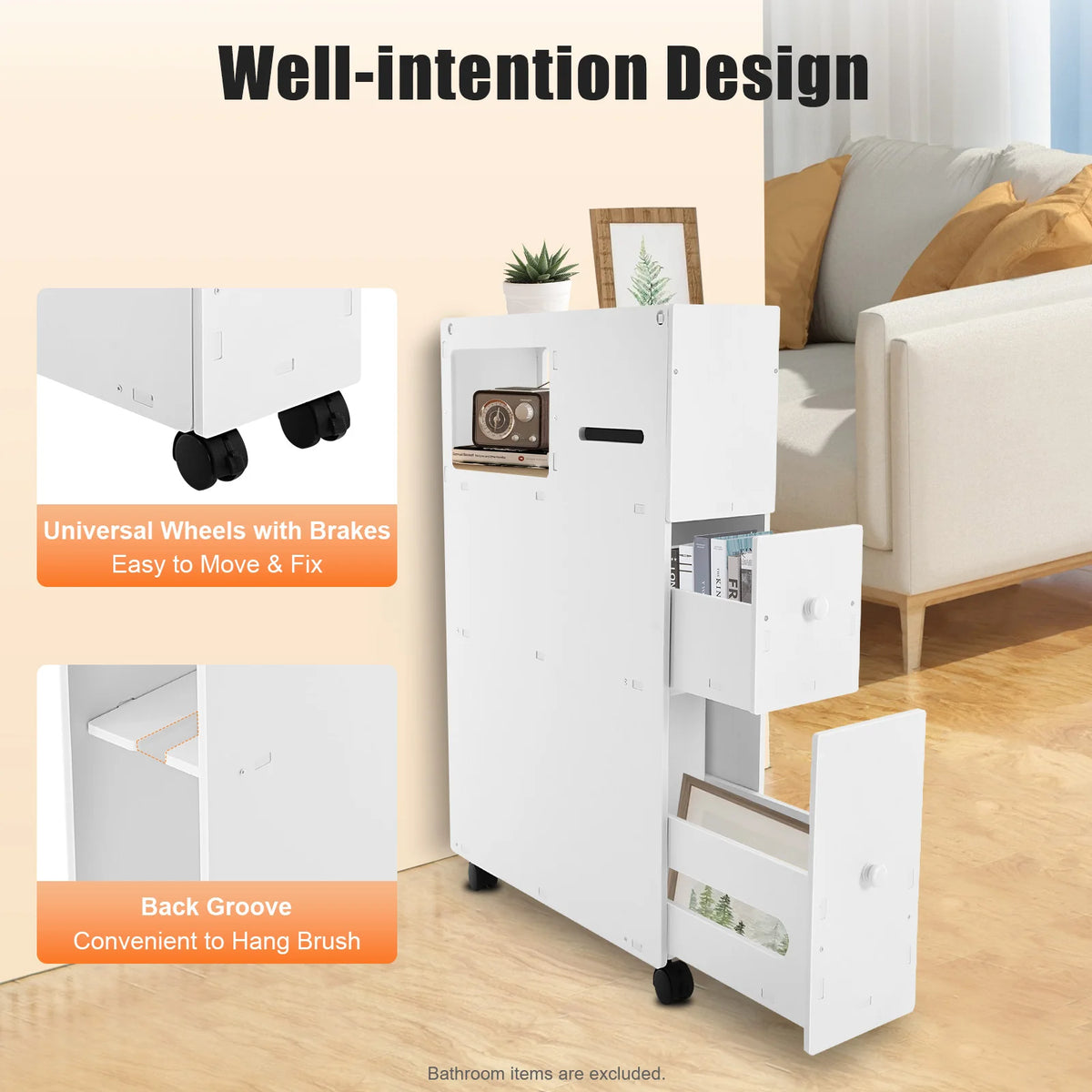 Narrow Pvc Bathroom Storage Cabinet With Drawers And Wheels