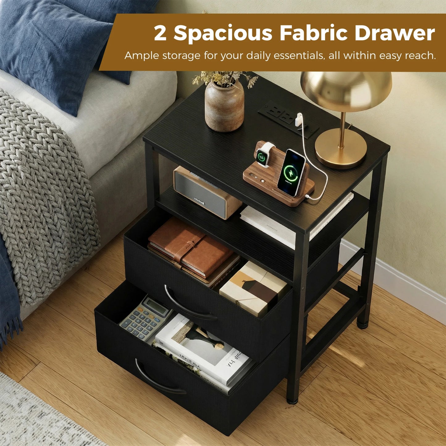 JHK Modern Nightstand With Fabric Drawers And USB Port