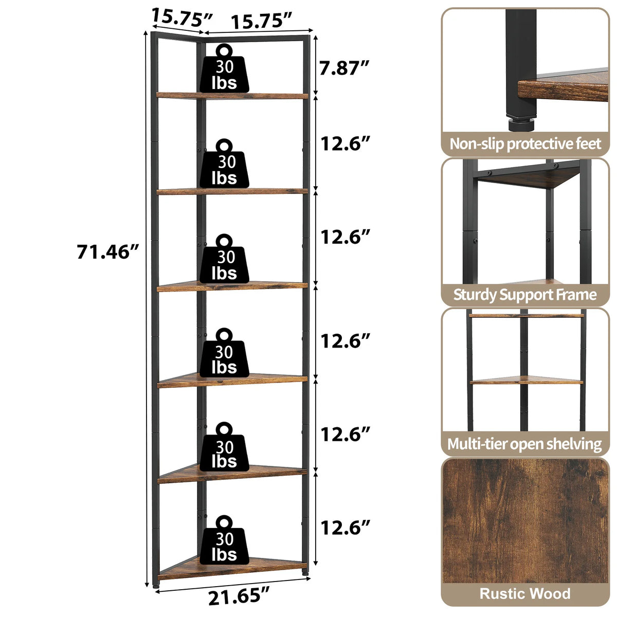 Retro Wooden Six Tier Corner Bookshelf With Steel Frame