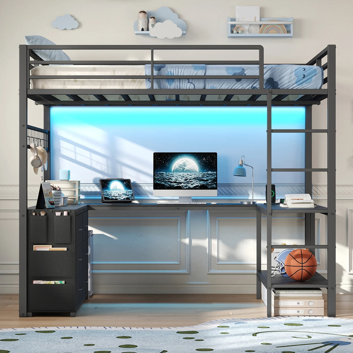 Yanosaku Multifunctional Loft Bed With Desk, Drawers And LED Lighting