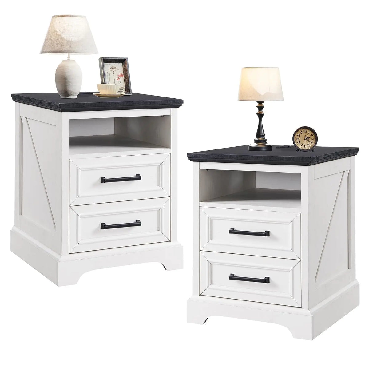 Farmhouse Nightstands Set of 2 With Drawers and Charging Station
