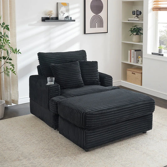 Modern Corduroy Single Sofa Chair With Footrests And Cup Holder