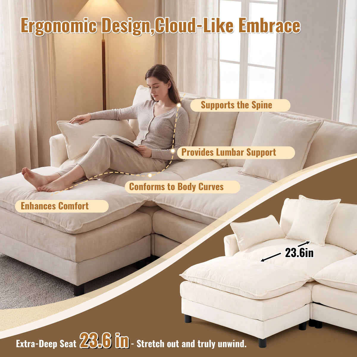 Redlife Modern L Shaped Sectional Sofa With Ottoman And Cushions