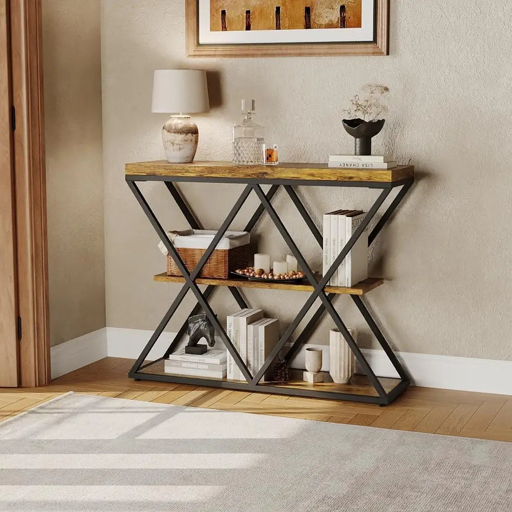 HiMISS Three Tier Farmhouse Console Table With Open Storage Shelves
