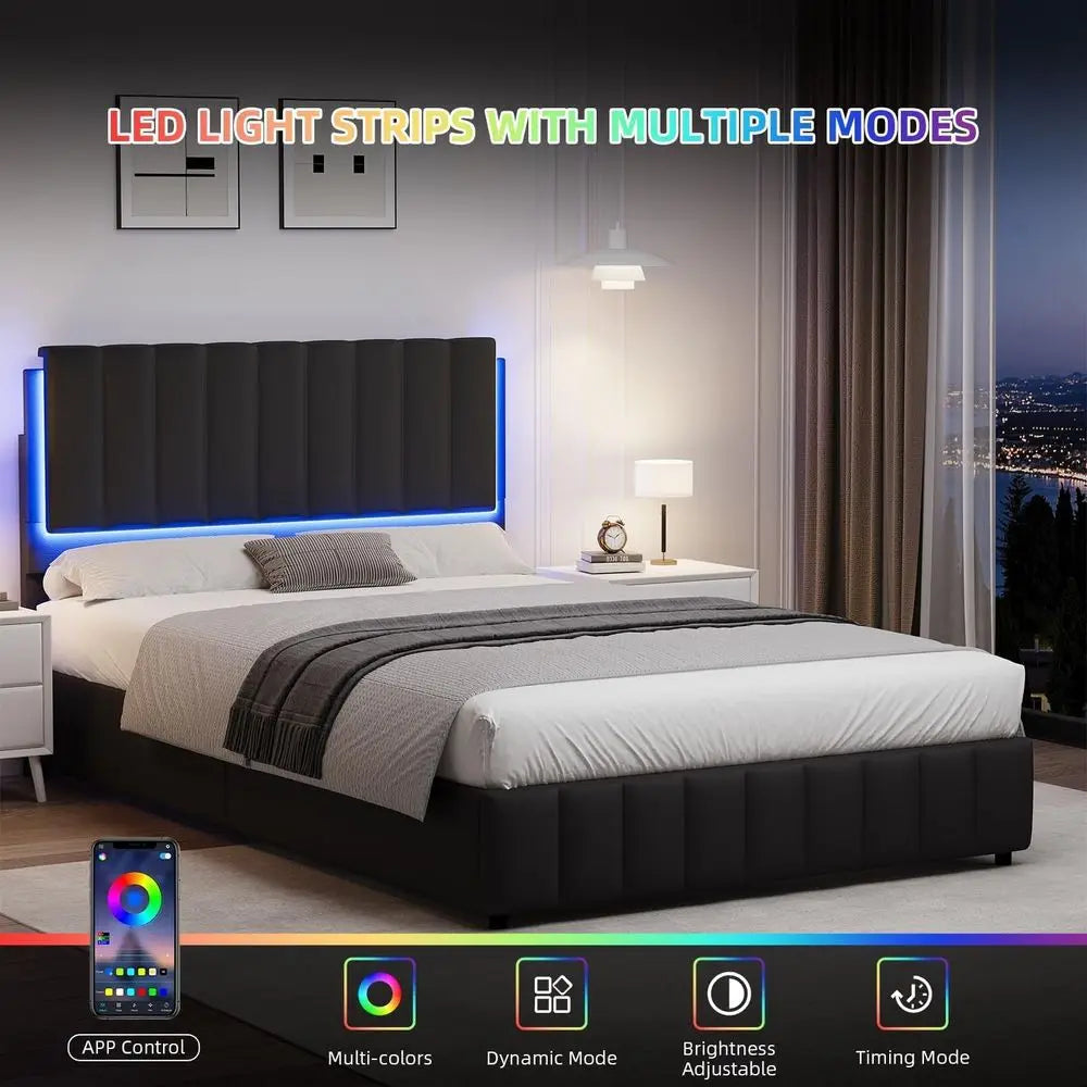 Modern Upholstered Platform Bed Frame With Headboard And LED Lights