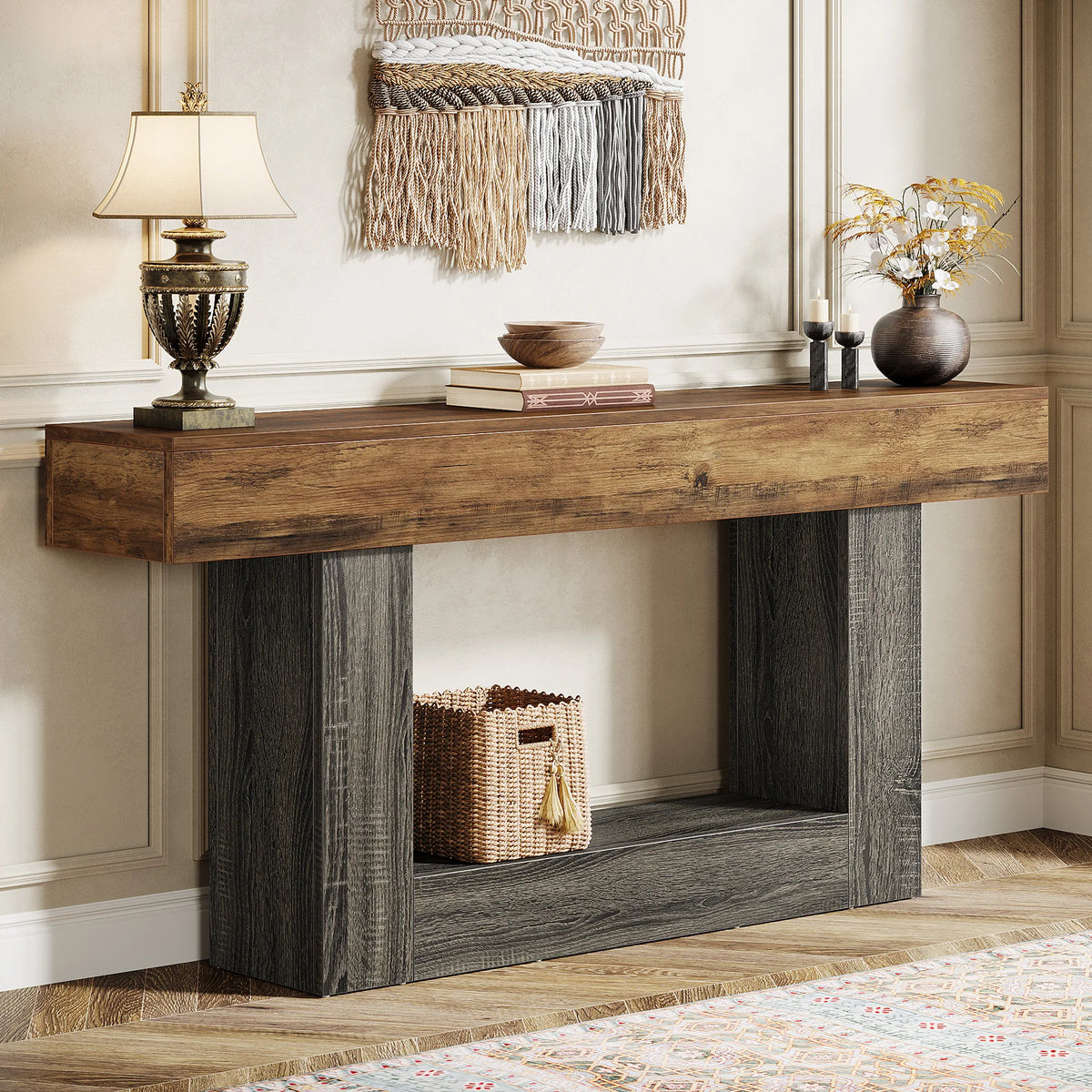 Tribesigns Farmhouse Two Tier Console Table With U Shaped Base