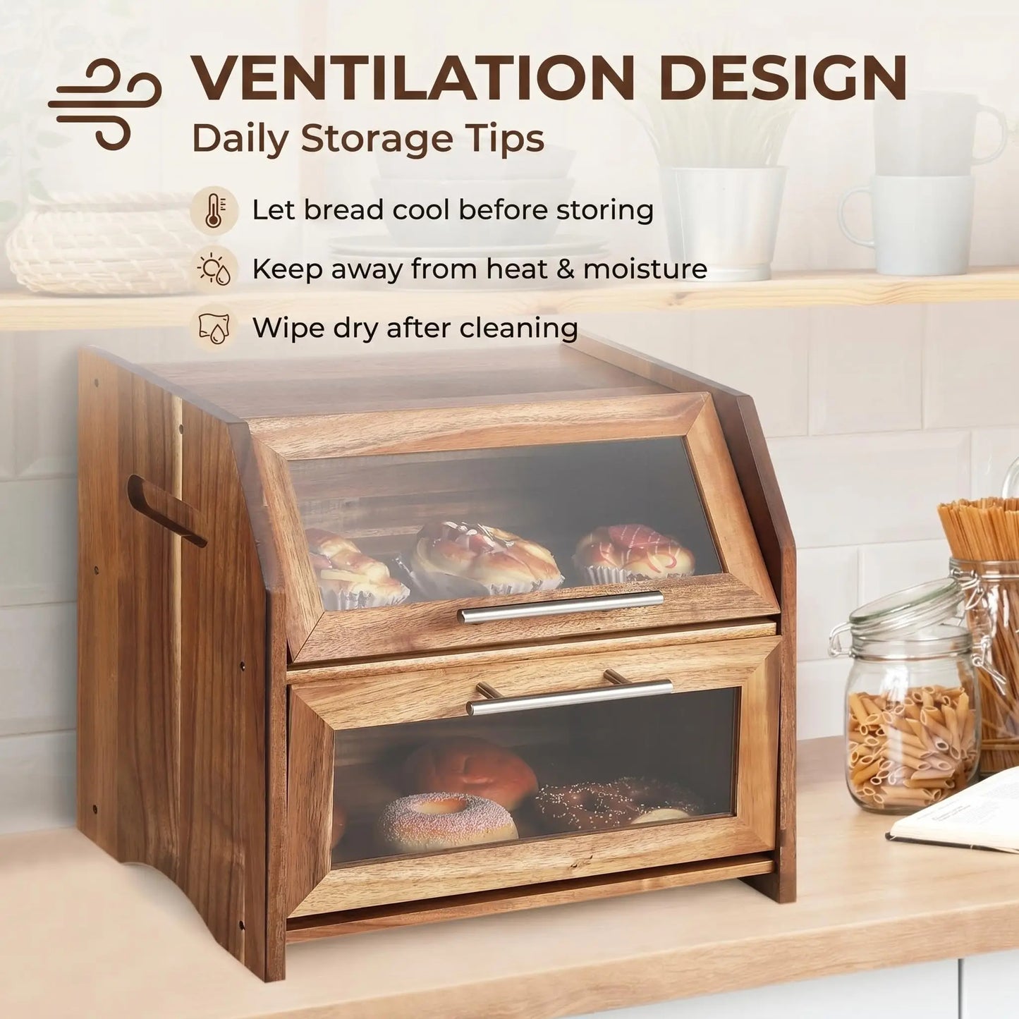 HiMISS Double Layer Acacia Wood Bread Box With Ventilated Storage