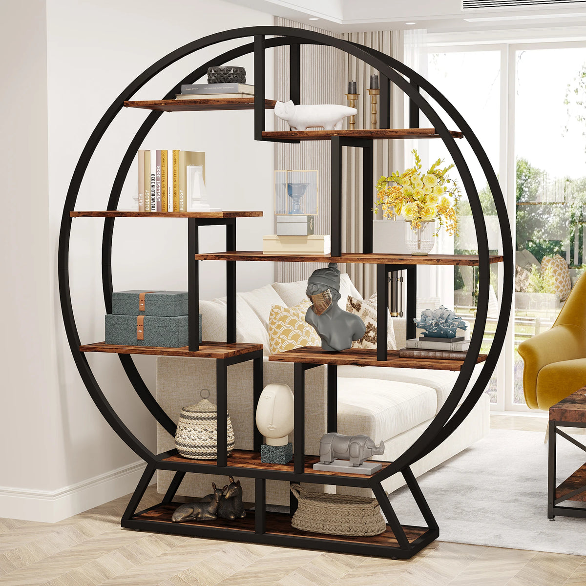 Tribesigns Industrial Round Bookshelf With Staggered Shelves And Metal Frame