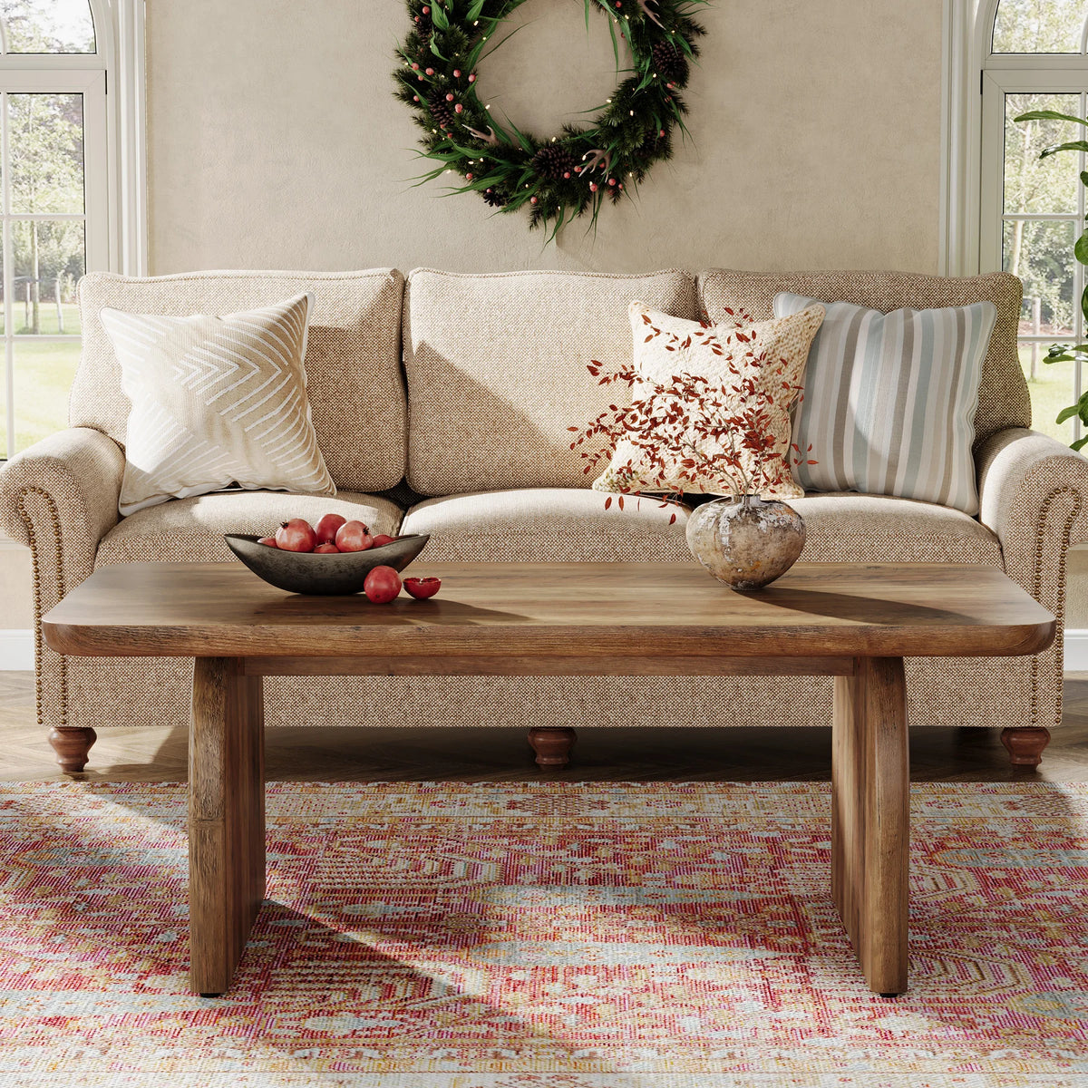 Tribesigns Farmhouse Rectangular Coffee Table With Sturdy Wood Base