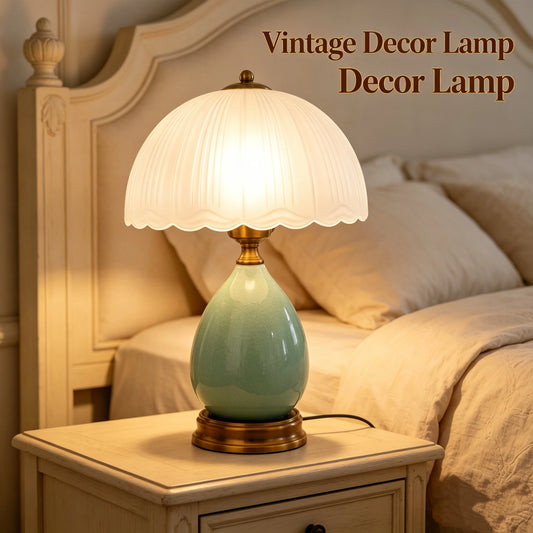 Vintage Ceramic Desk Lamp With Pleated Frosted Glass Shade