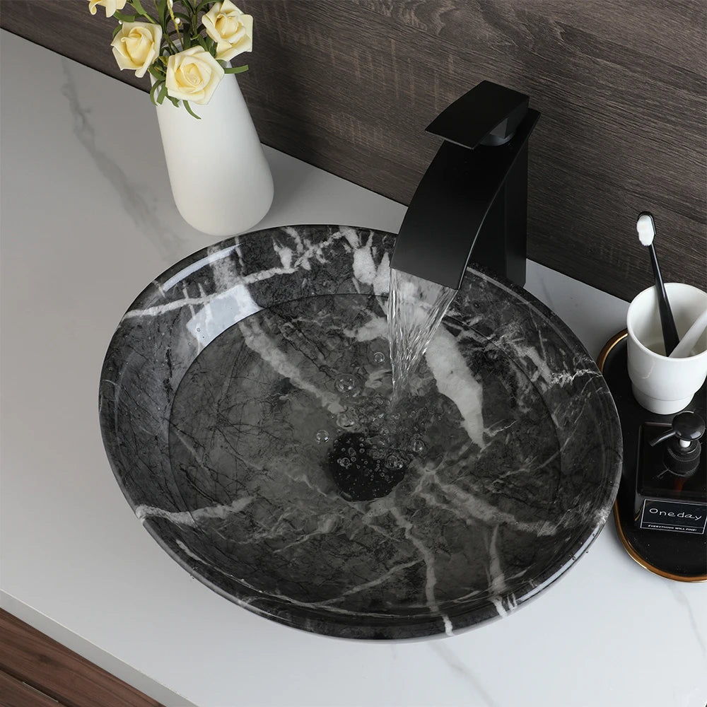 MEKKHALA Round Ceramic Vessel Sink Set Antique Brass Waterfall Faucet