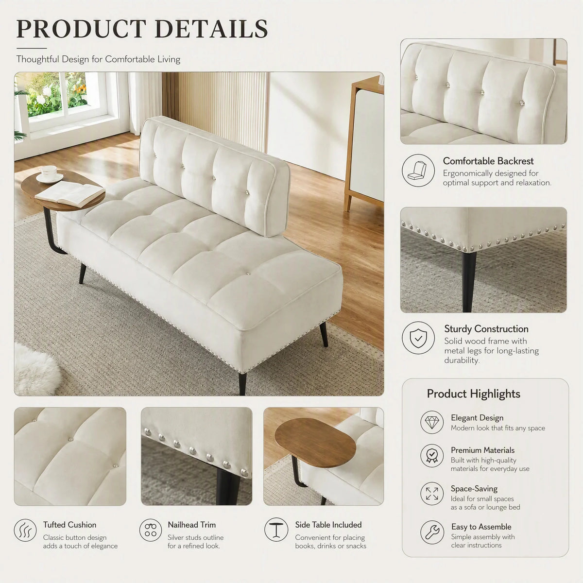 Modern Velvet Sofa With 360 Degree Rotating Side Table