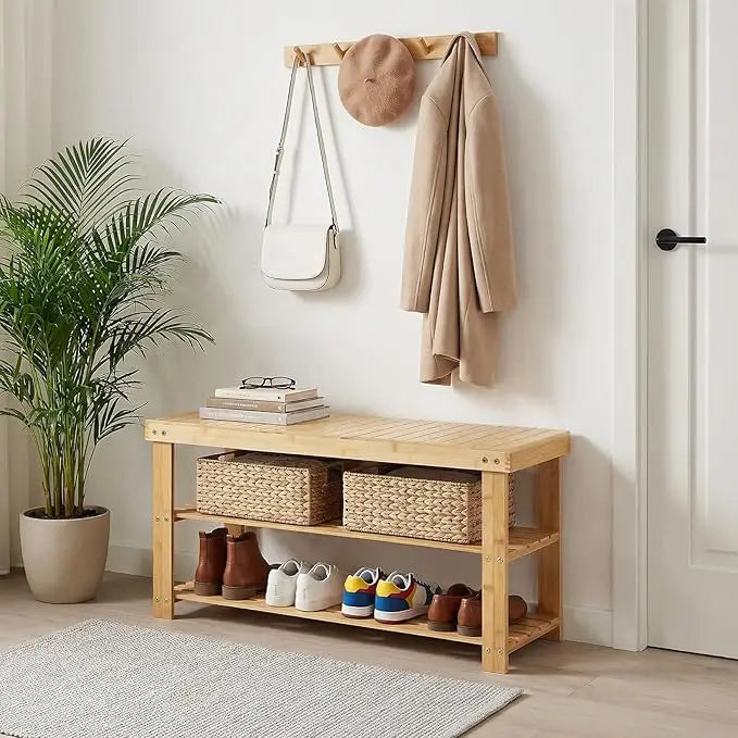 HiMISS Bamboo Shoe Rack Bench With Comfortable Entryway Storage Seat