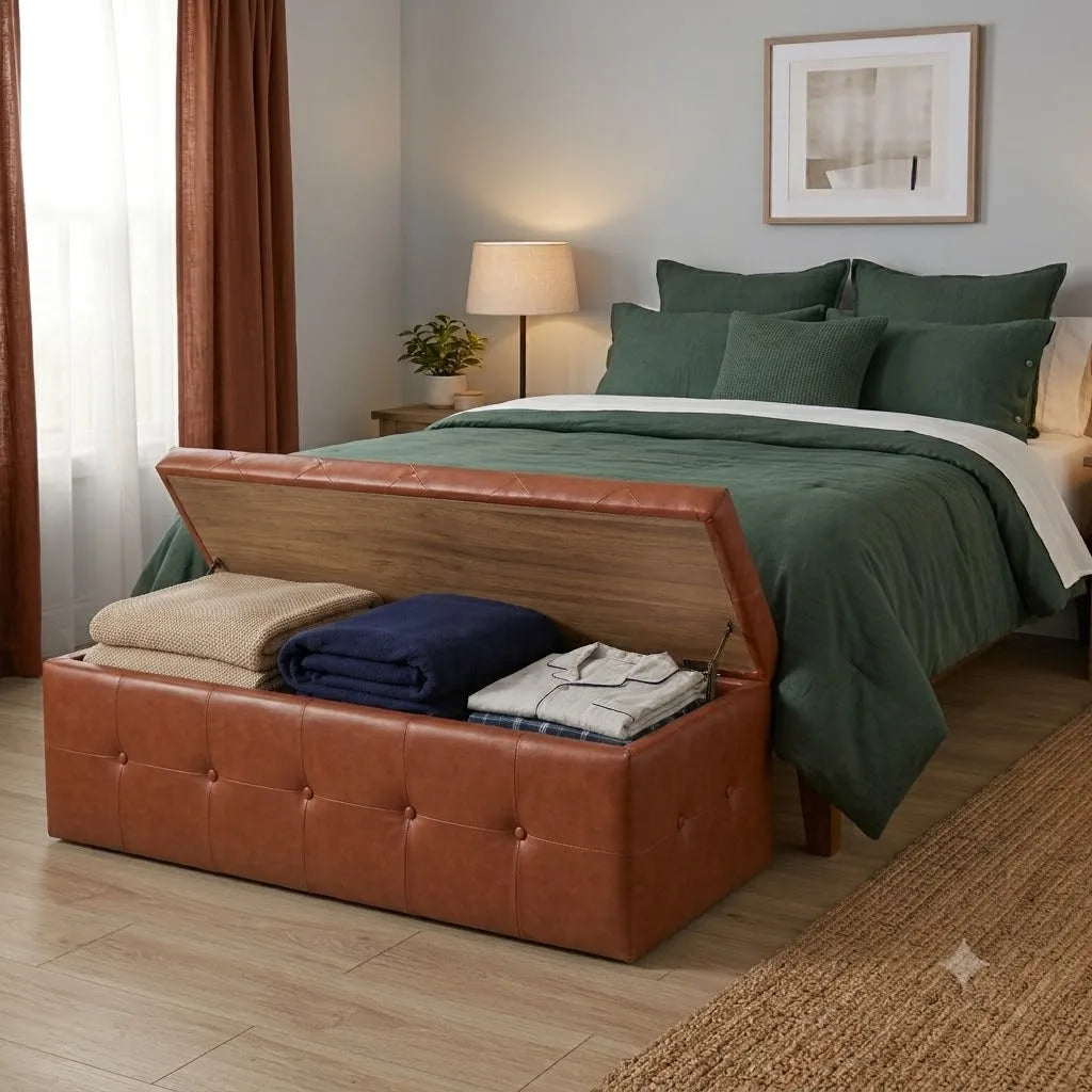 Tufted Leather Storage Ottoman Bench With Flip Top Hidden Compartment
