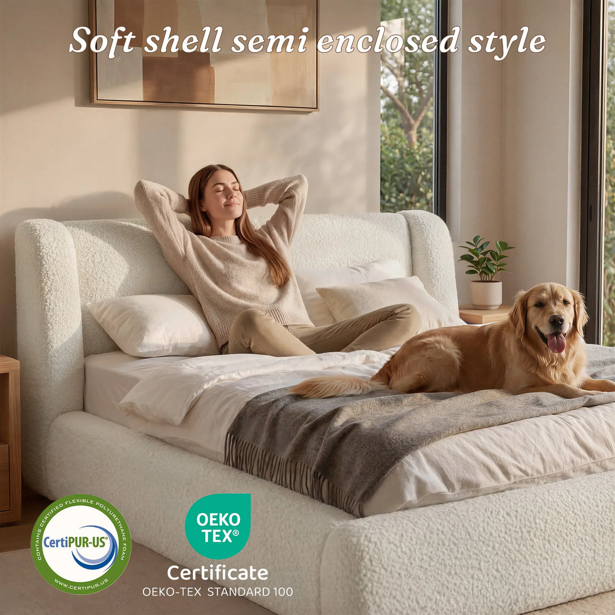EnHomee Upholstered Cloud Bed Frame With Thick Padded Headboard