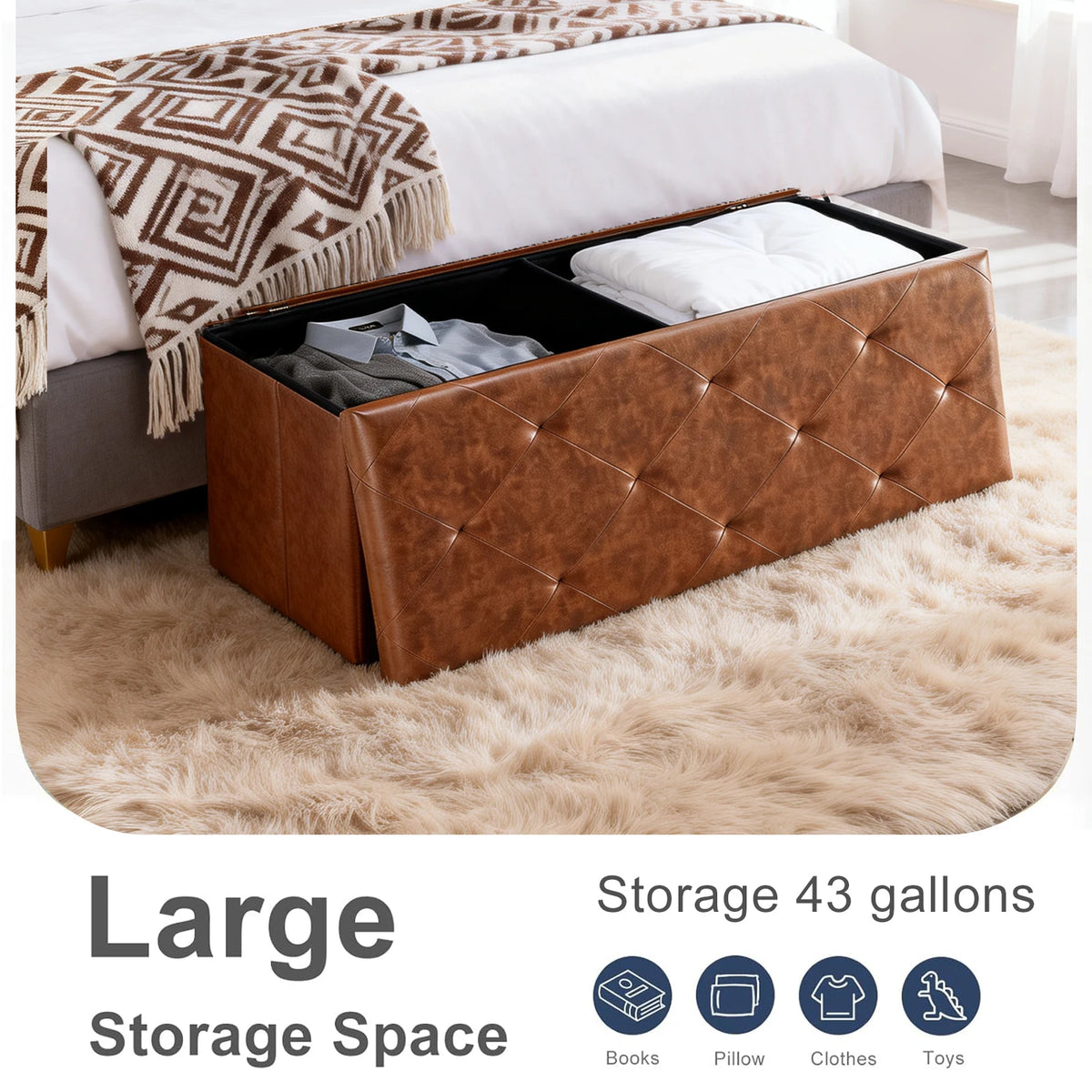Folding Tufted Faux Leather Storage Bench With Hidden Compartment