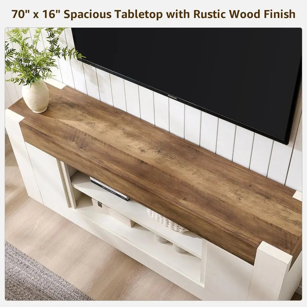 Modern Wood TV Stand Entertainment Center With Open Storage and Side Cabinets