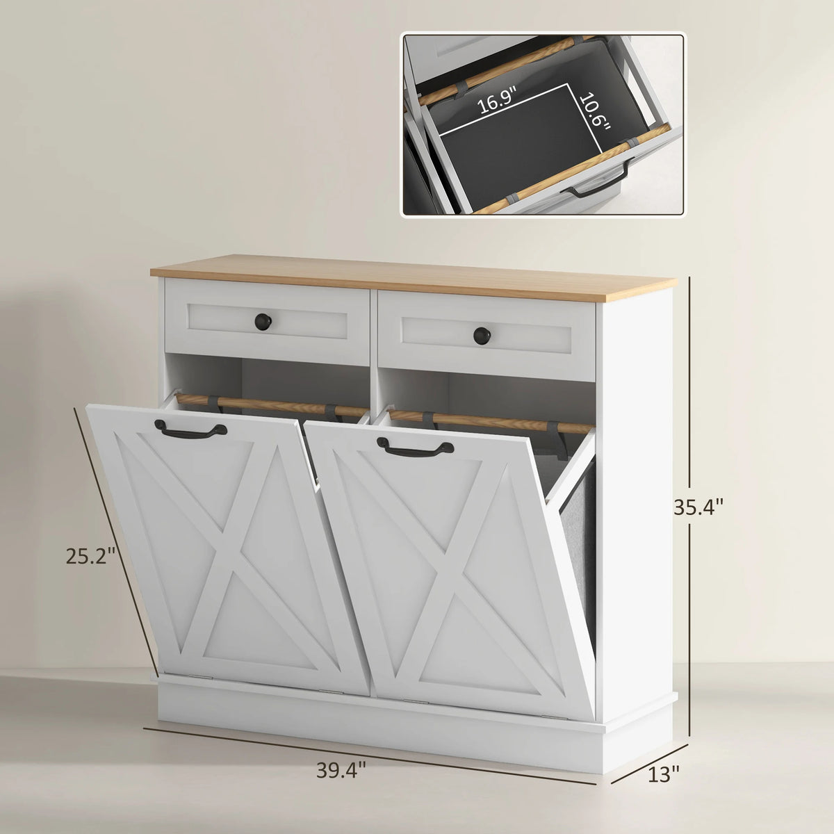 HOMCOM Double Tilt Out Laundry Hamper Cabinet With Drawers