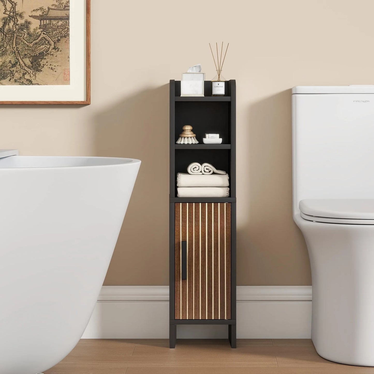 Wooden Corner Bathroom Storage Cabinet With Fluted Door And Adjustable Shelves