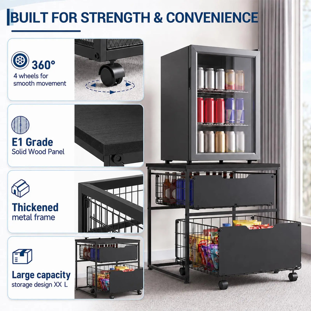 HiMISS Mini Fridge Stand With Pull Out Baskets And Wheels