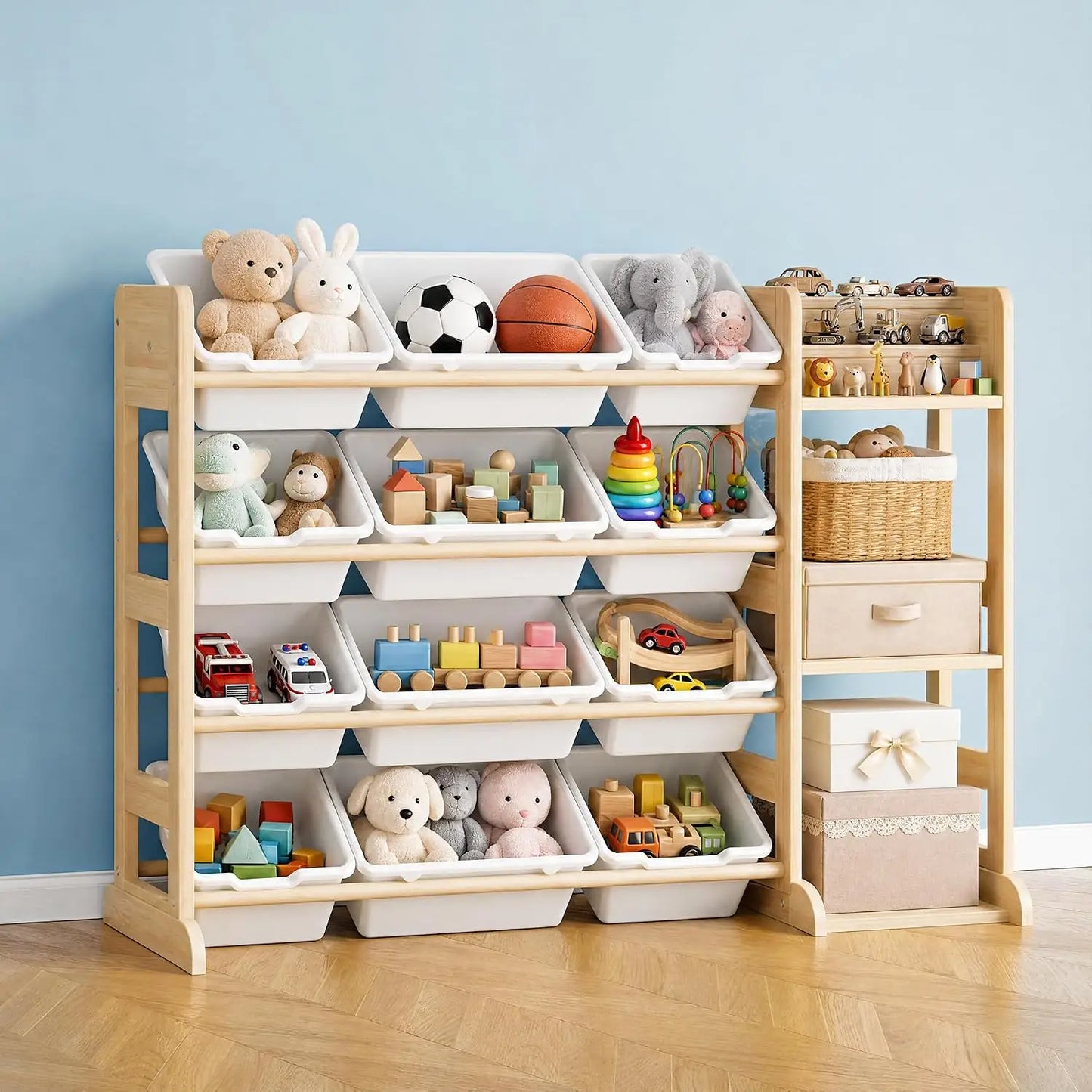 Tacleekii Toy Storage Shelf Featuring Plastic Bins And Wood Units