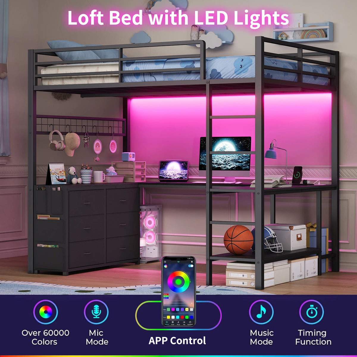 Yanosaku Multifunctional Loft Bed With Desk, Drawers And LED Lighting