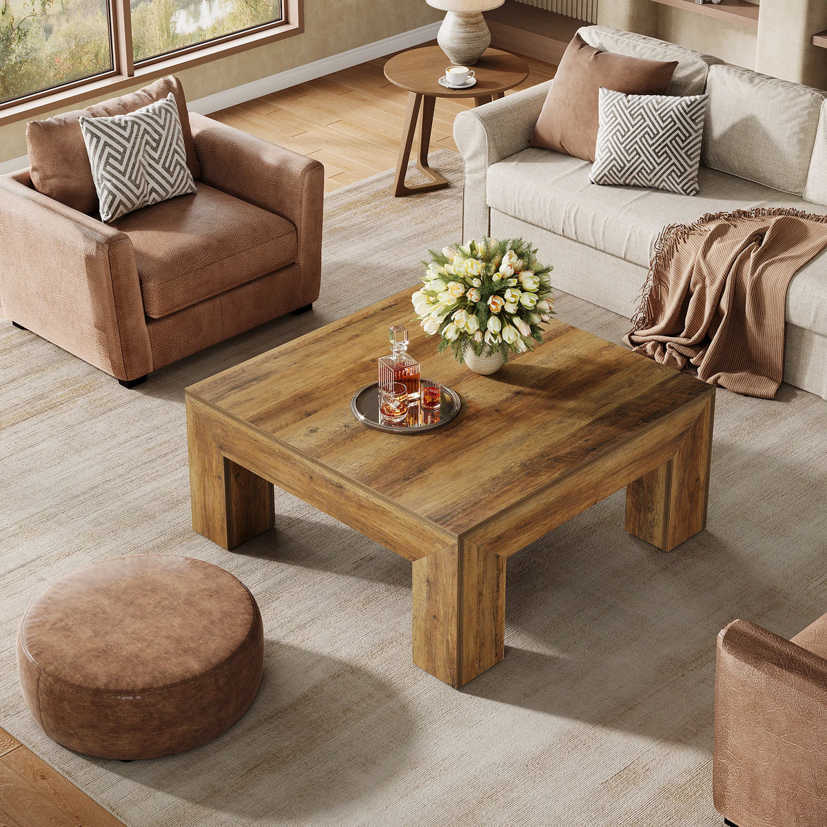 Tribesigns Farmhouse Square Coffee Table With Sturdy Wooden Legs