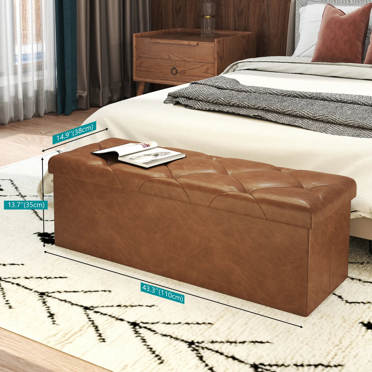 Folding Tufted Faux Leather Storage Bench With Hidden Compartment