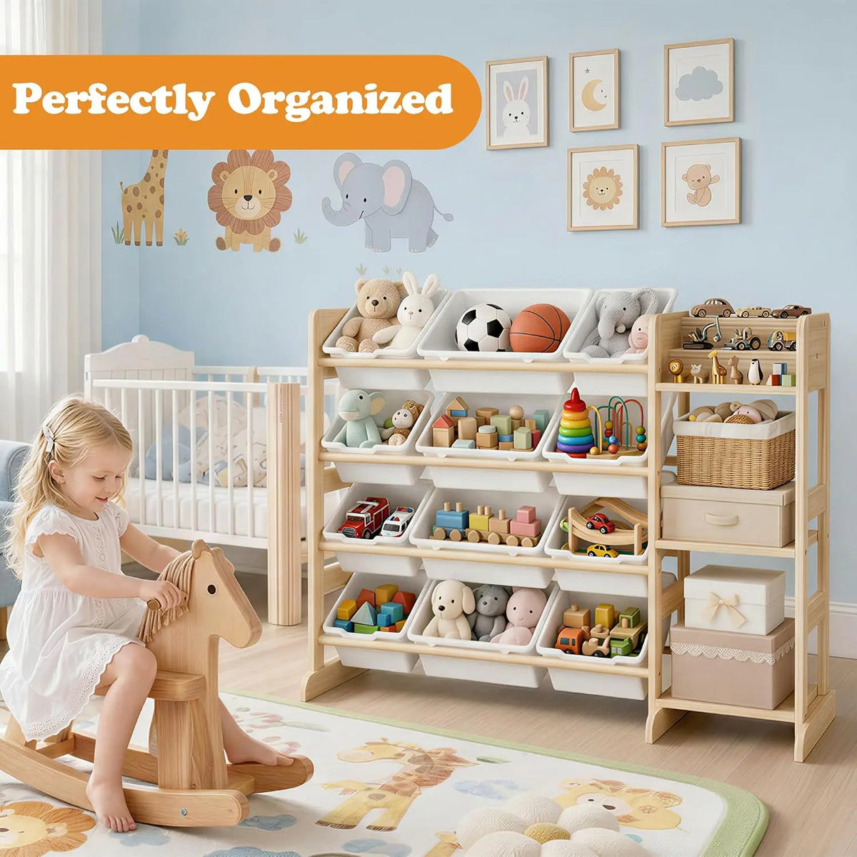 Tacleekii Toy Storage Shelf Featuring Plastic Bins And Wood Units