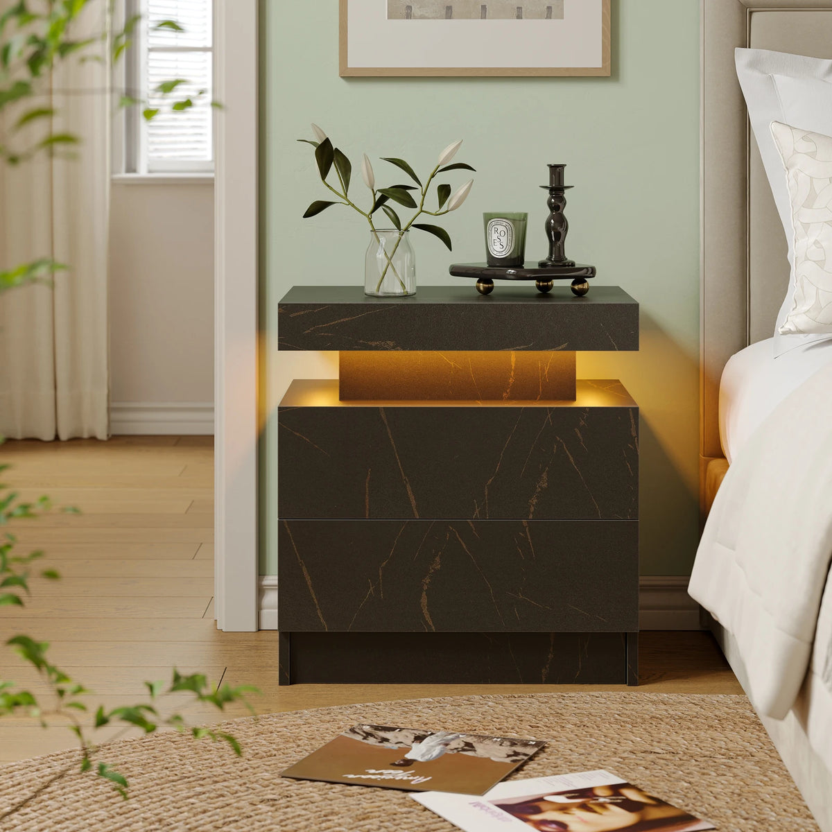 Cubehom Wooden Nightstand With Two Drawers And RGB Lighting Design