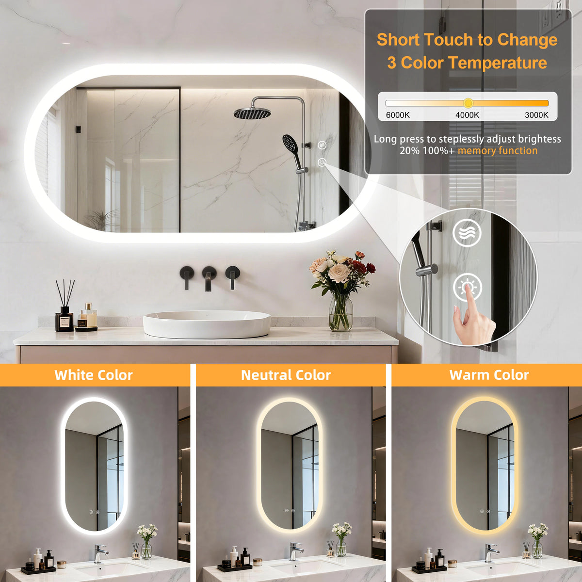 BORWART Smart LED Bathroom Mirror With Anti Fog Dimmable Lighting