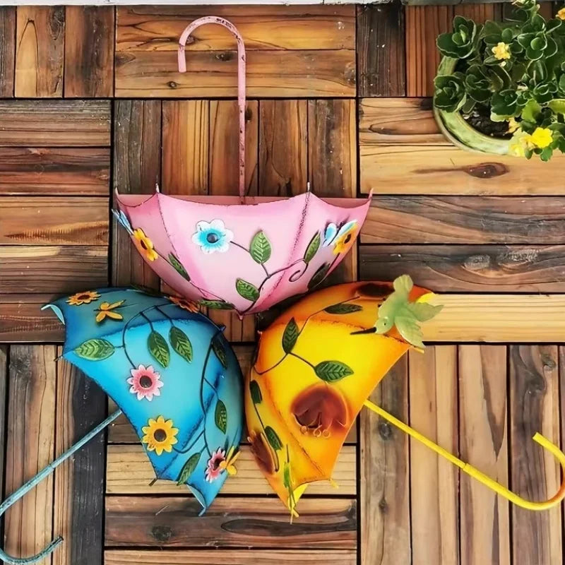 Indoor Outdoor Metal Flower Basket Umbrella Wall Mounted Hanging Planter