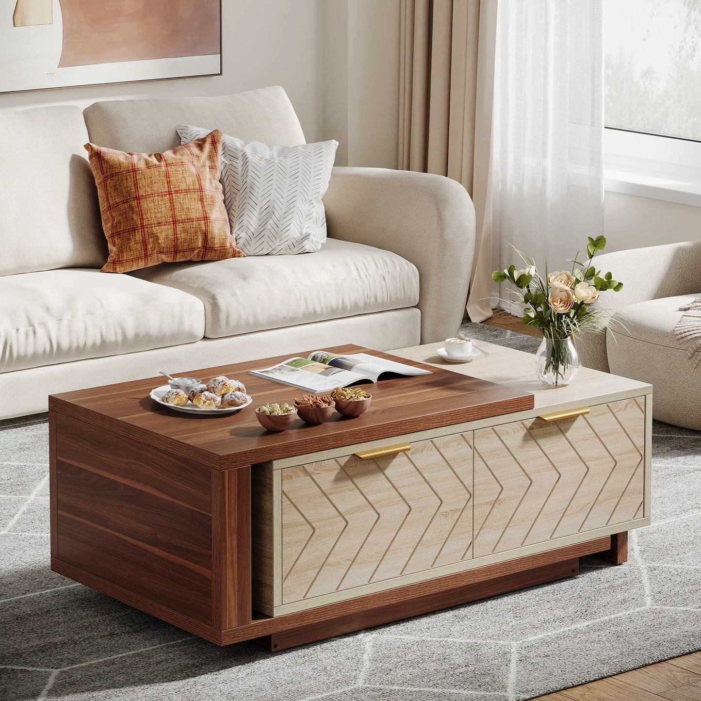 Tribesigns Extendable Wood Coffee Table With Two Storage Drawers