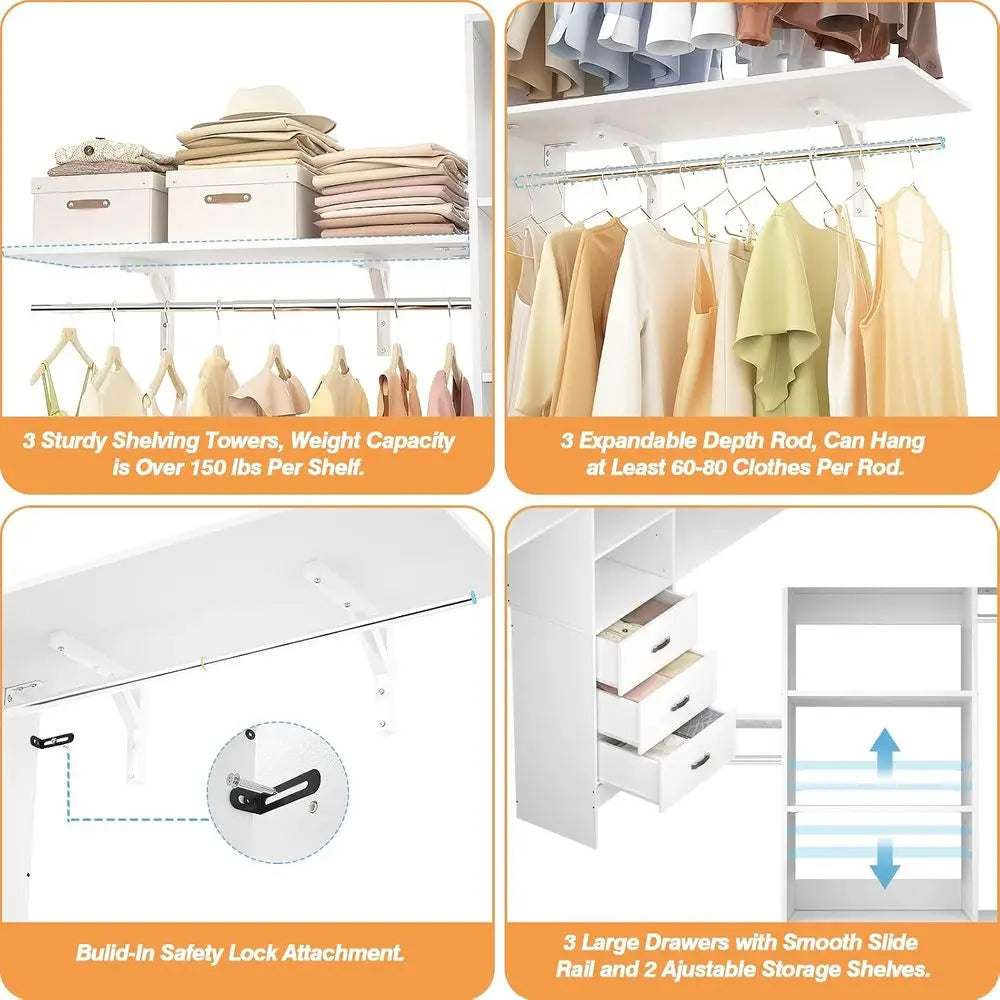 Adjustable Wood Closet Organizer With Three Wall Mount Hanging Rods