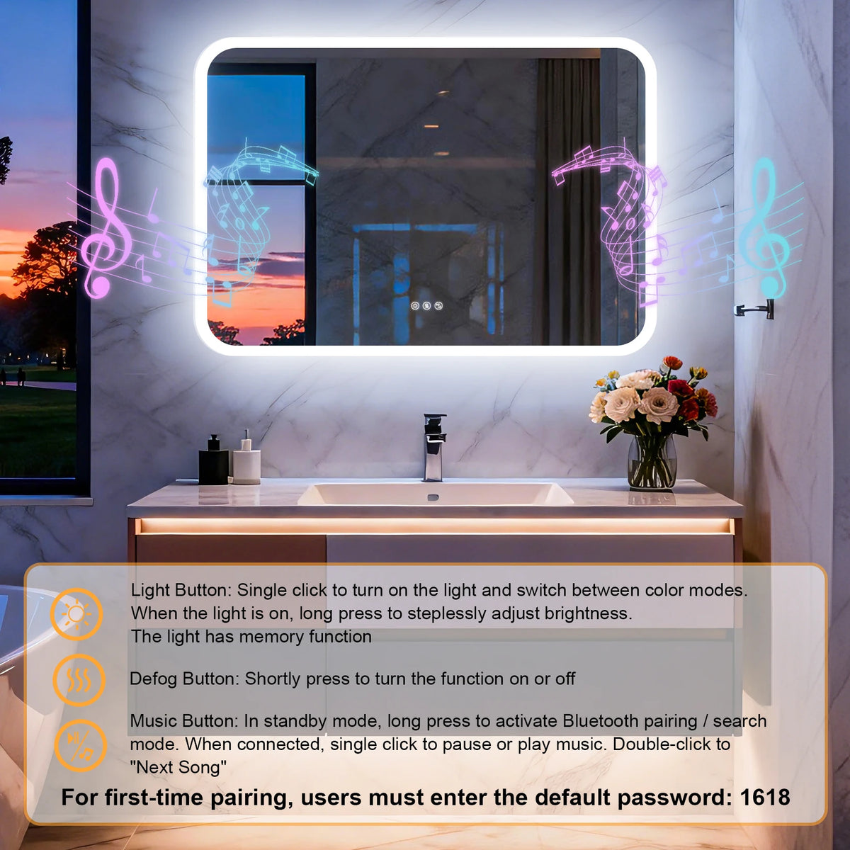 Smart LED Bathroom Mirror With Bluetooth Speakers And Dimmable Lighting