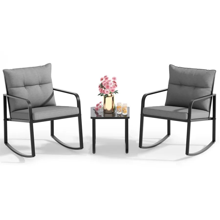 Three Piece Outdoor Rocking Bistro Set With Glass Coffee Table
