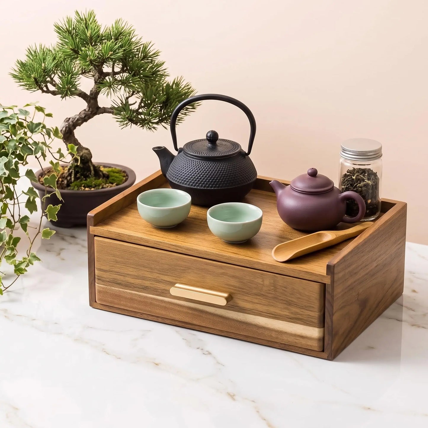 Wooden Tea Bag Organizer With Divided Compartments For Kitchen Storage