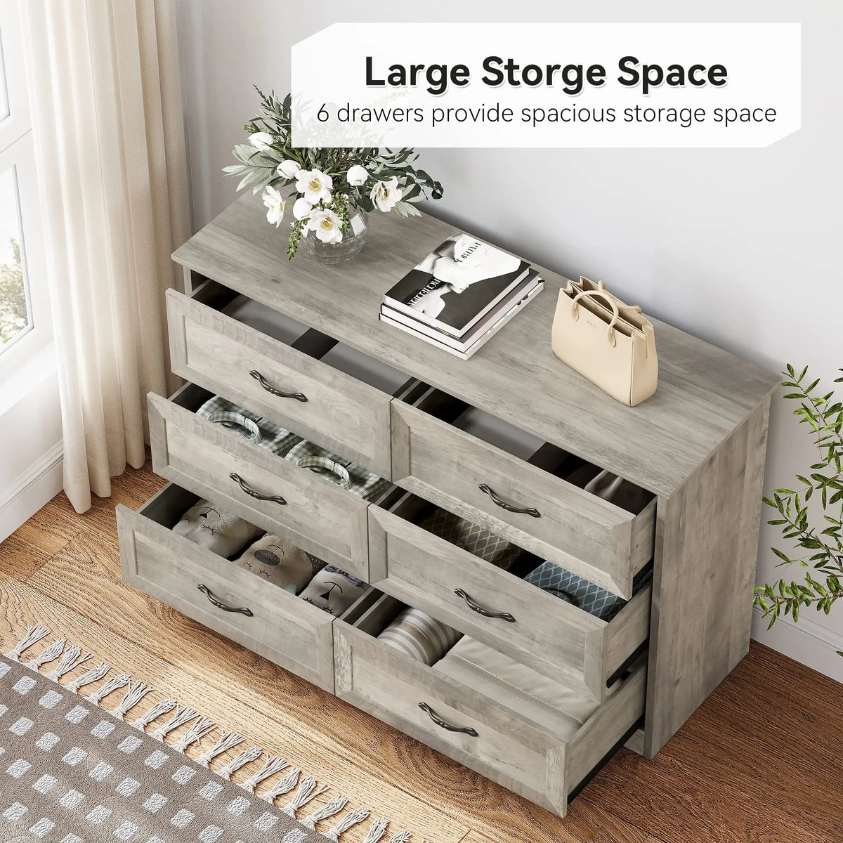 Studyset Six Drawer Wood Dresser for Bedroom and Living Room