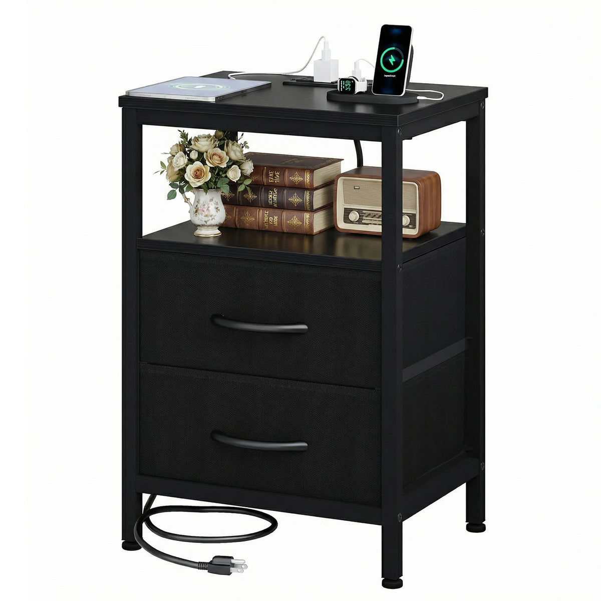 JHK Modern Nightstand With Fabric Drawers And USB Port