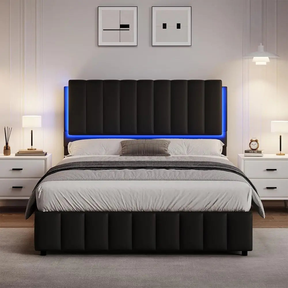 Modern Upholstered Platform Bed Frame With Headboard And LED Lights