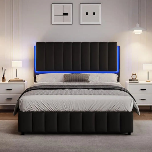 Modern Upholstered Platform Bed Frame With Headboard And LED Lights