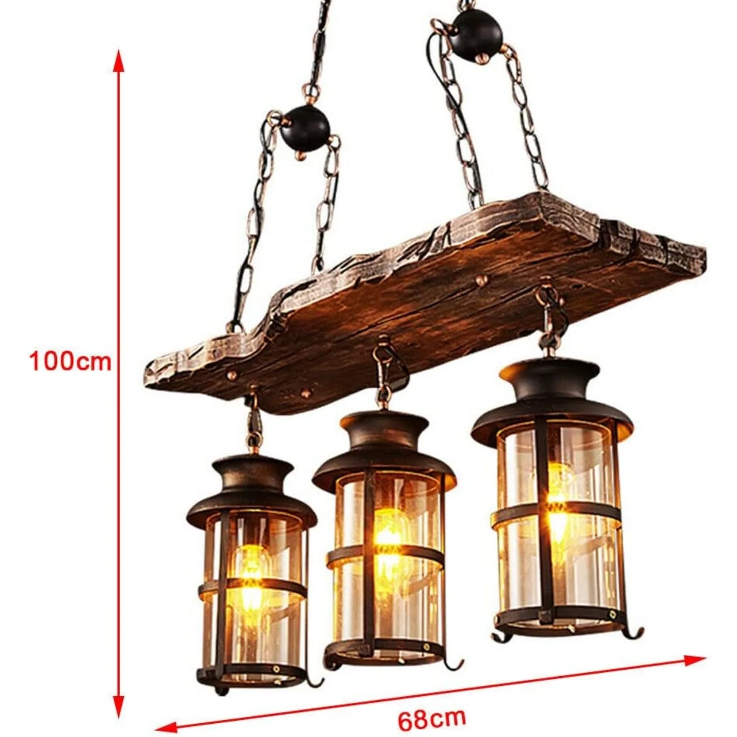 Three Light Wood And Glass Industrial Pendant Ceiling Lamp