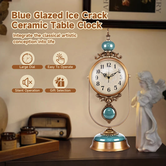Vintage Zinc Alloy Rotating Mechanical Desk Clock Silent Pendulum