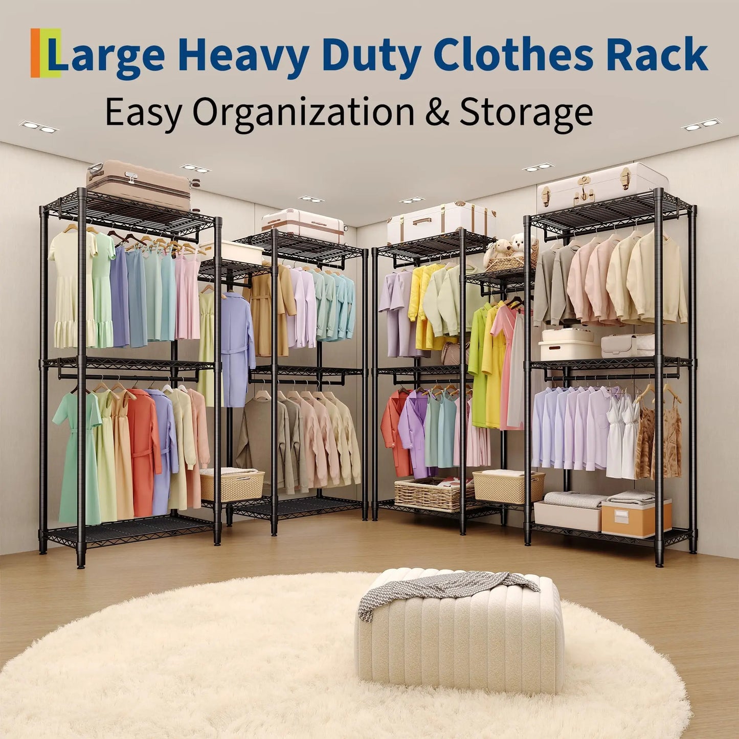 HiMiss Freestanding L Shaped Clothes Rack With Adjustable Shelves