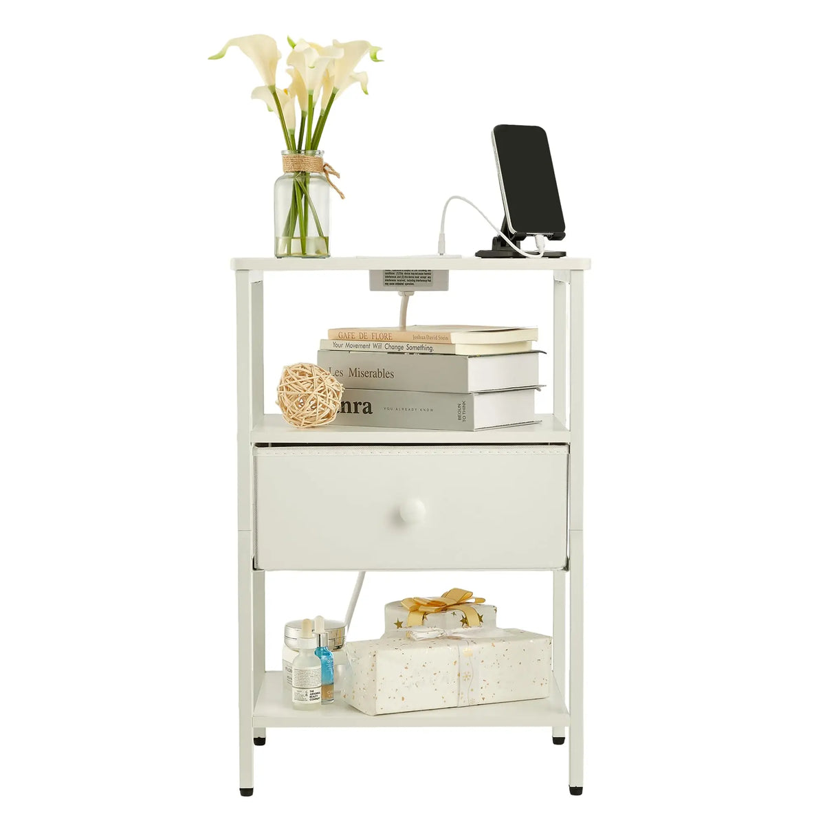 HiMISS Modern Nightstand With Charging Station And Fabric Drawer
