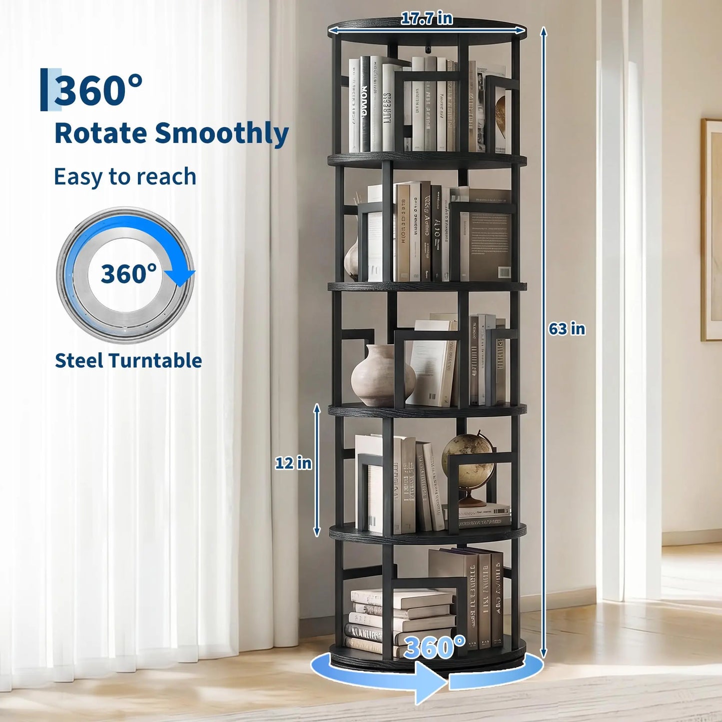 HiMISS 5 Tier Rotating Bookshelf Tower Corner Storage Shelf