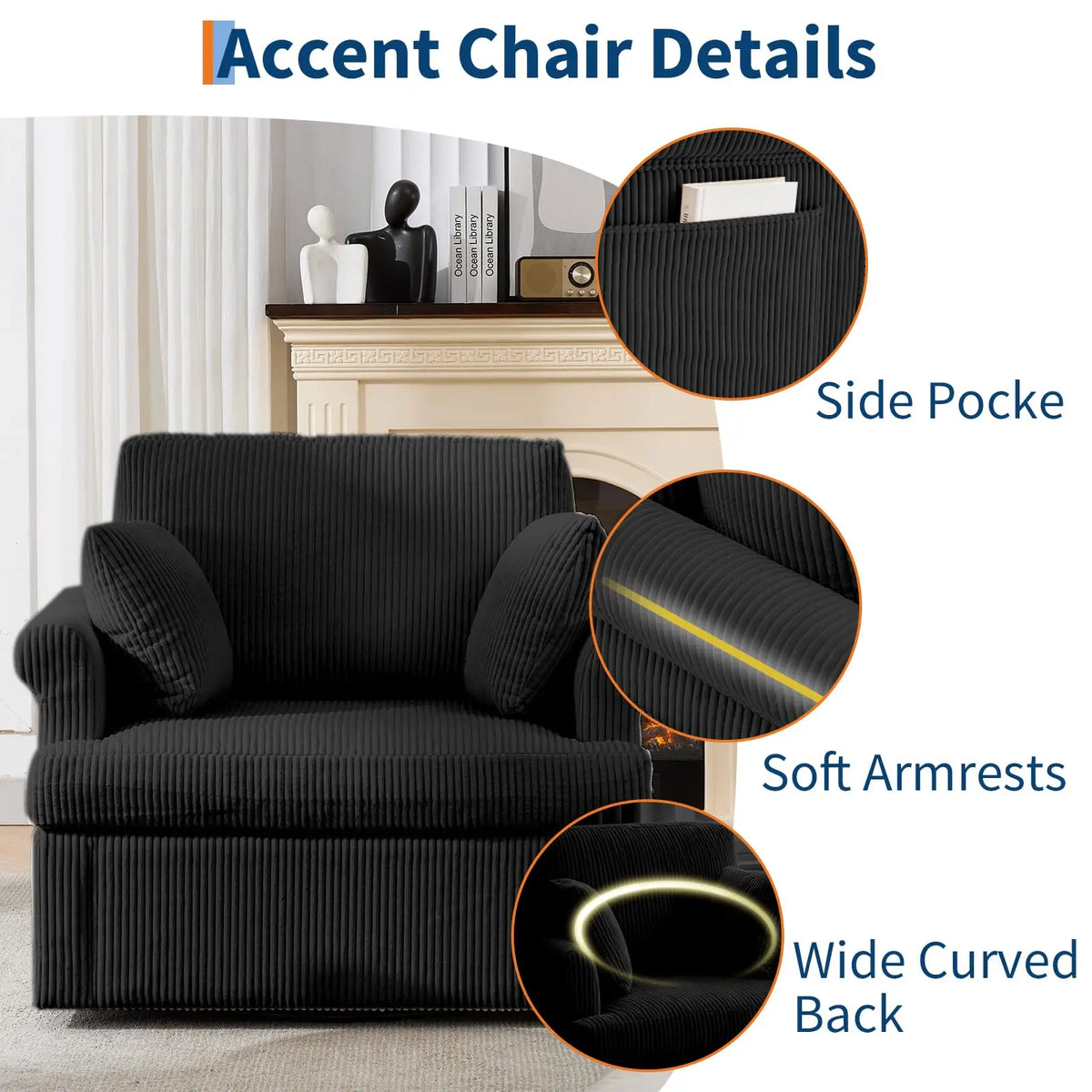 HiMISS Swivel Corduroy Accent Chair With Storage Pockets And Pillows