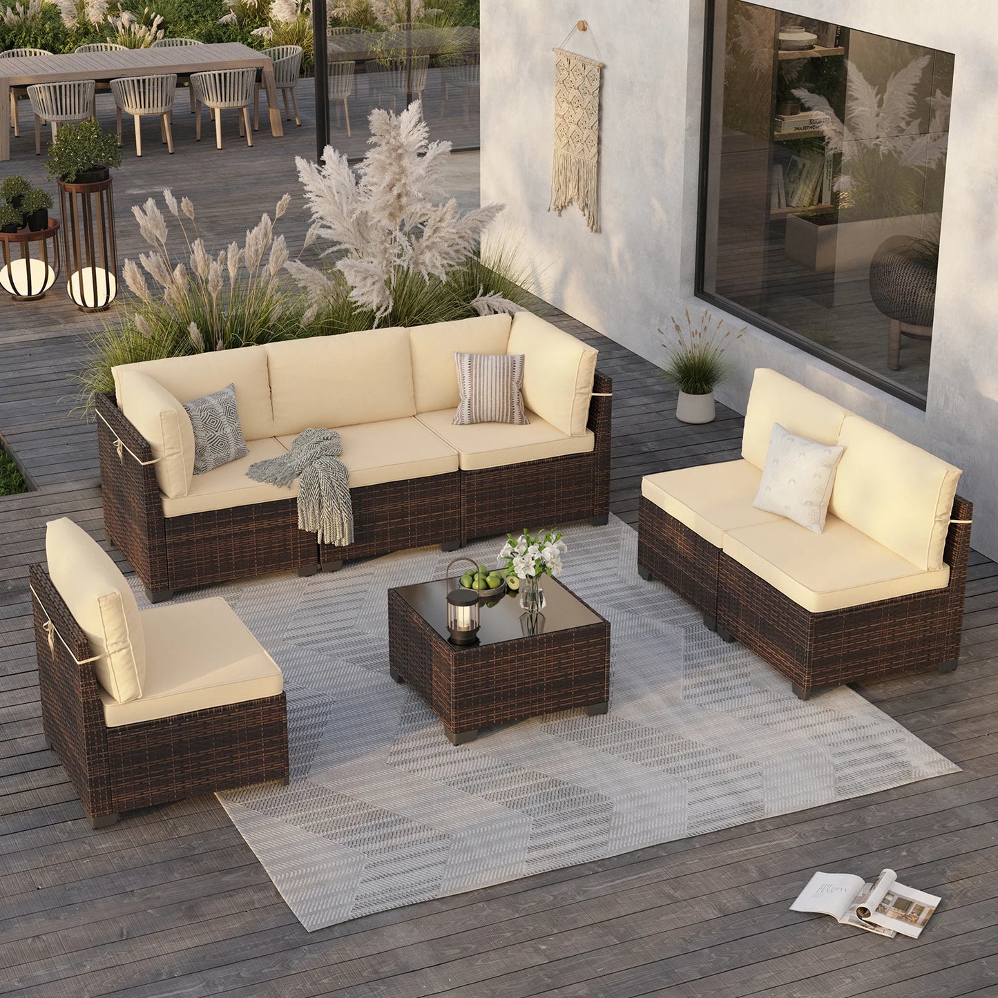 7 Piece Outdoor Rattan Patio Furniture Conversation Set