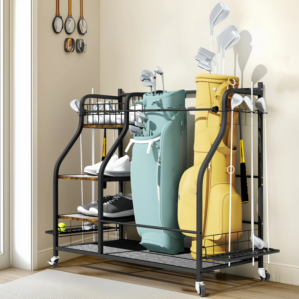 Multi Tier Rolling Golf Bag Storage Rack For Sports Equipment